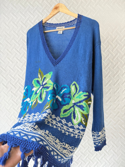 Embroidered blue tassle knit top/pullover