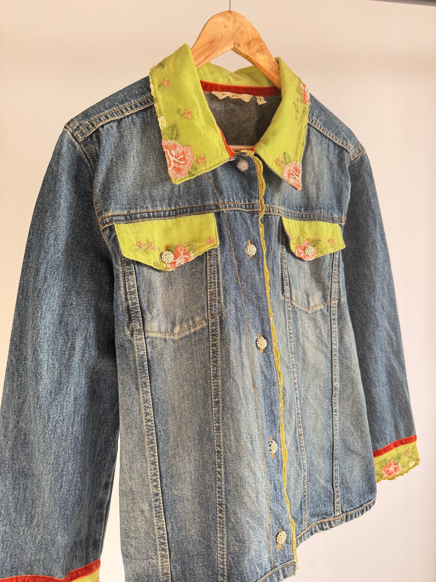 Denim Jacket with Floral Contrast Collar