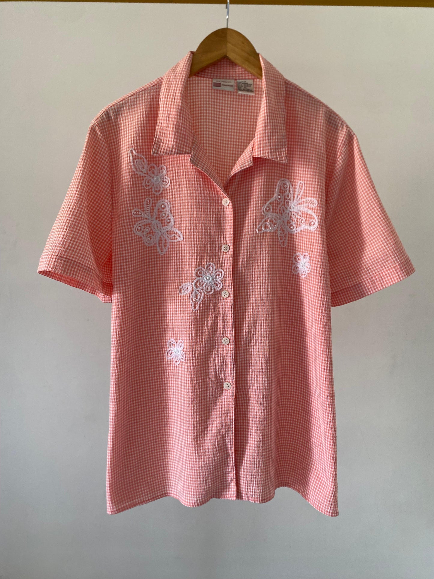 Peach checkered embroidered shirt