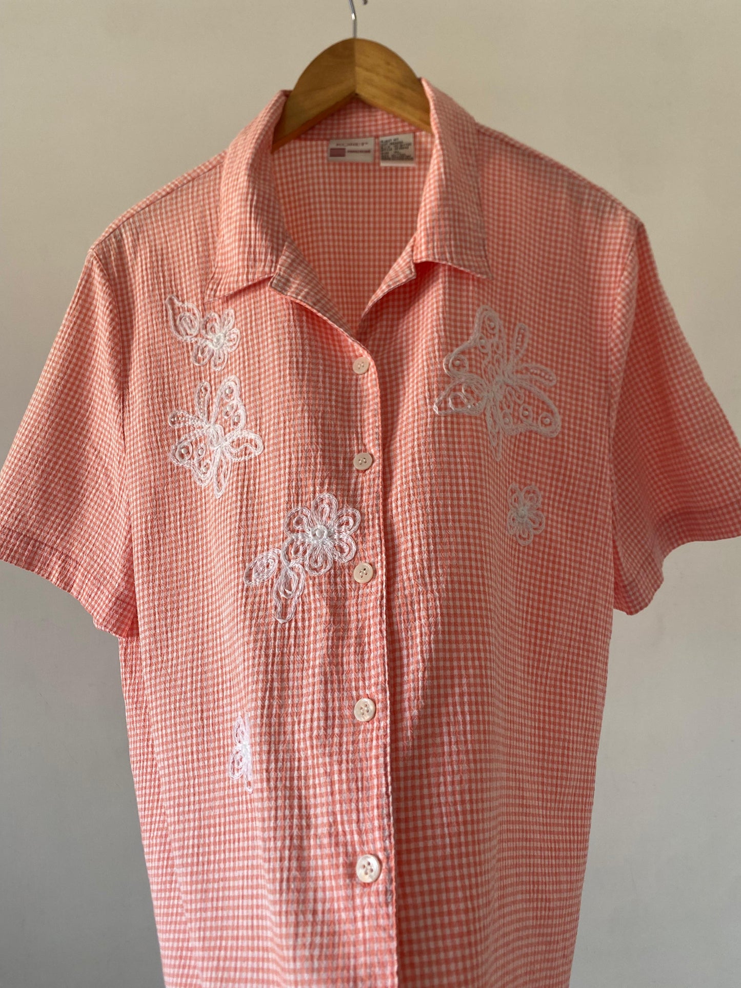 Peach checkered embroidered shirt