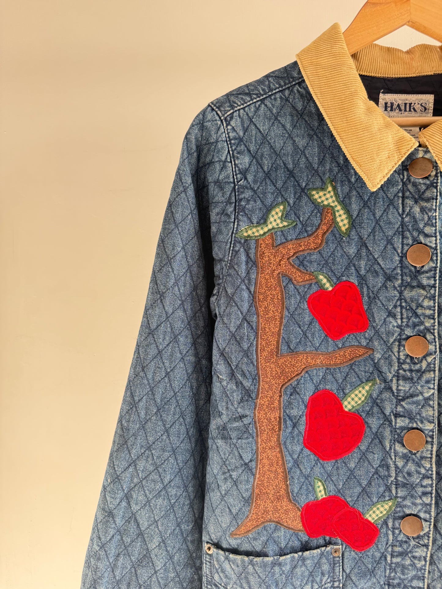 Quilted Denim Jacket with Apple Embroidery