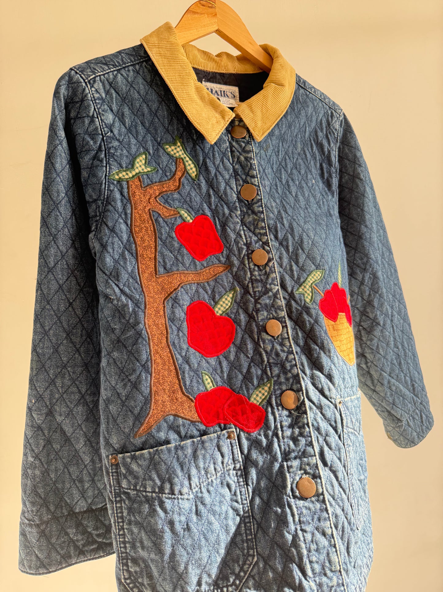 Quilted Denim Jacket with Apple Embroidery