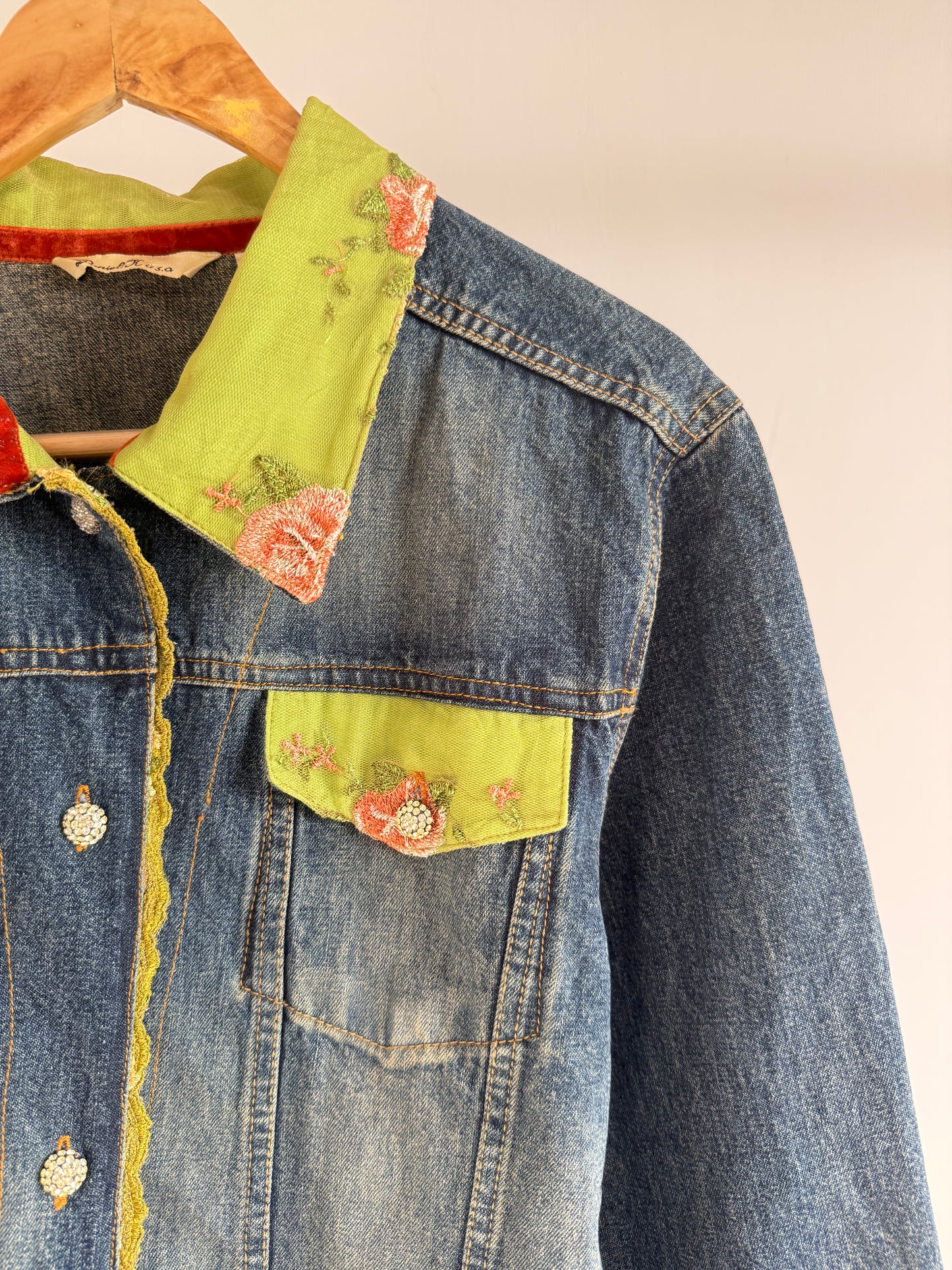 Denim Jacket with Floral Contrast Collar