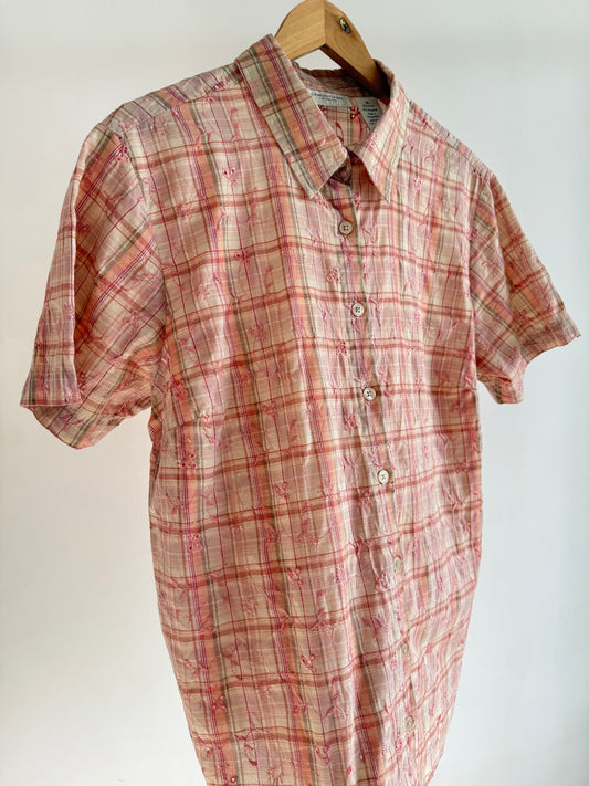 Peach Embroidered Checkered Shirt