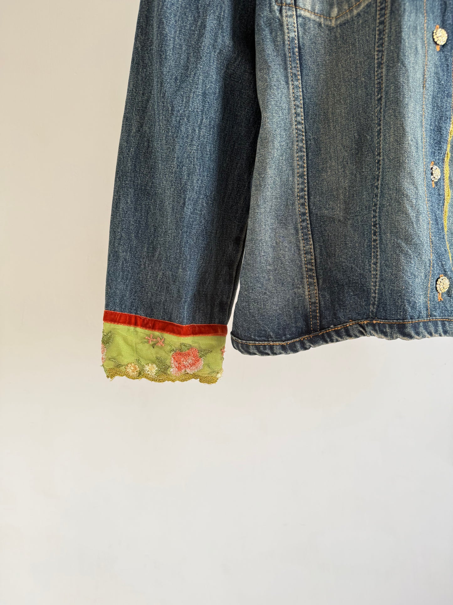 Denim Jacket with Floral Contrast Collar