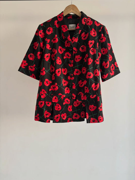 Red & Black Floral Half Sleeve Blazer