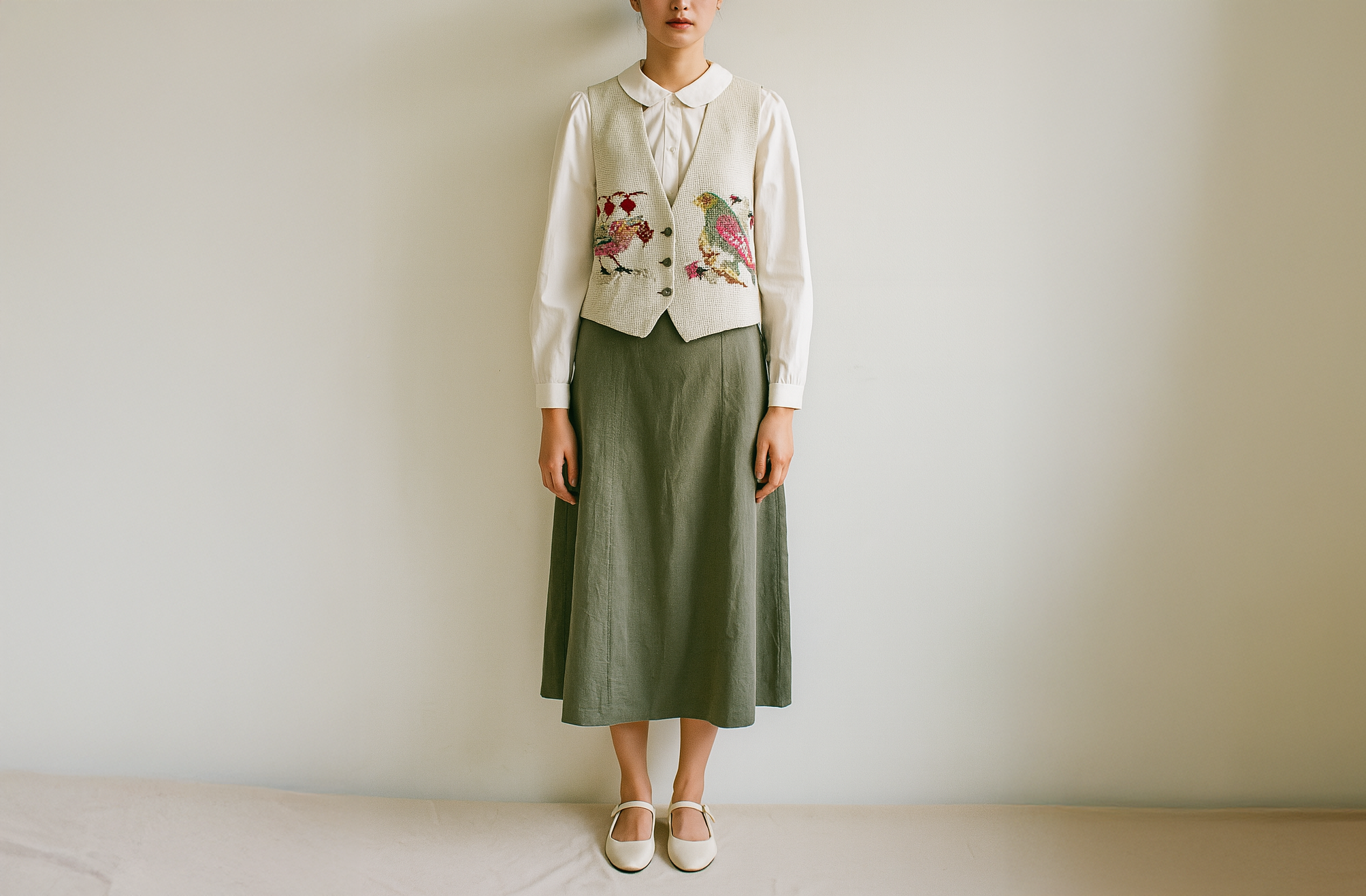 Person wearing a white blouse with floral embroidery, green skirt, and white shoes against a plain background