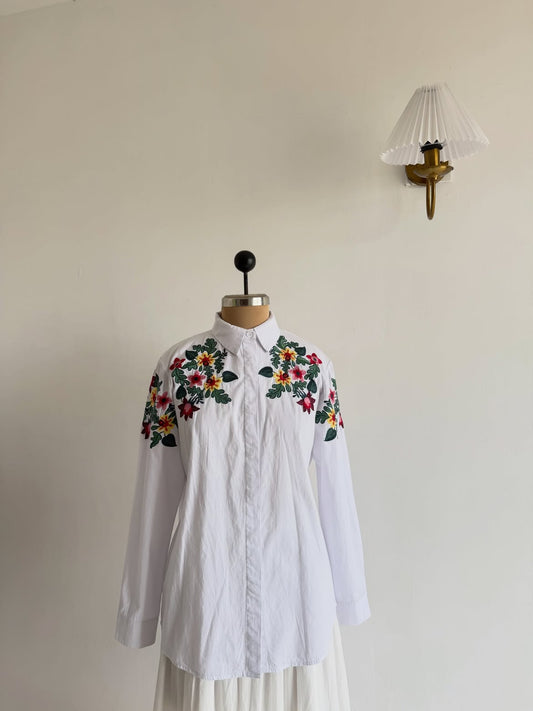 White Floral Embroidered Shirt