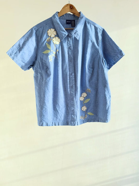 Blue Embroidered Floral Shirt