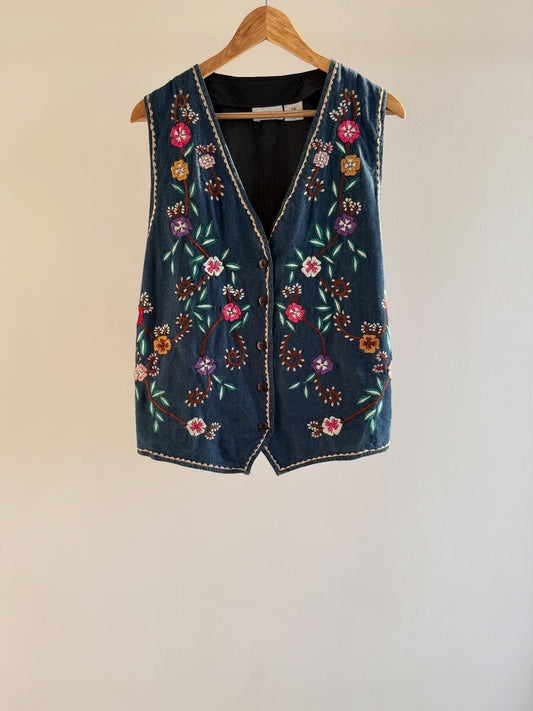 Blue Embroidered Floral Vest