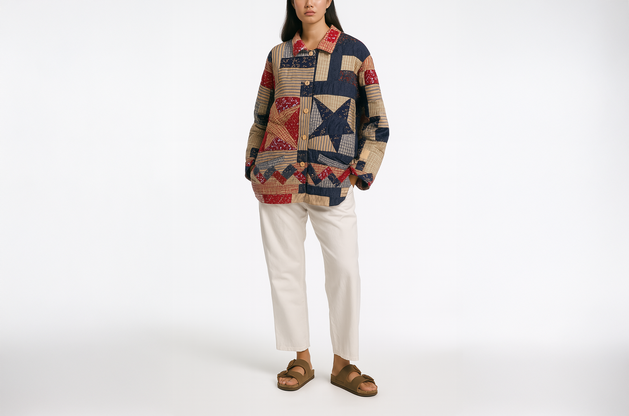 Person wearing a colorful patchwork shirt and white pants on a white background