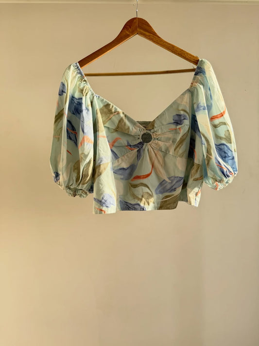 Seafoam Breeze Puff Sleeve Crop Top