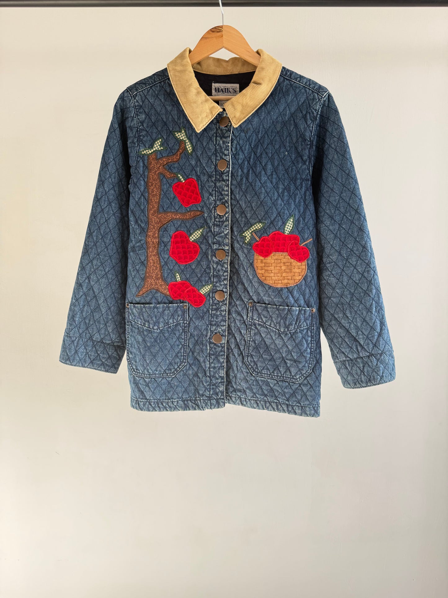Quilted Denim Jacket with Apple Embroidery