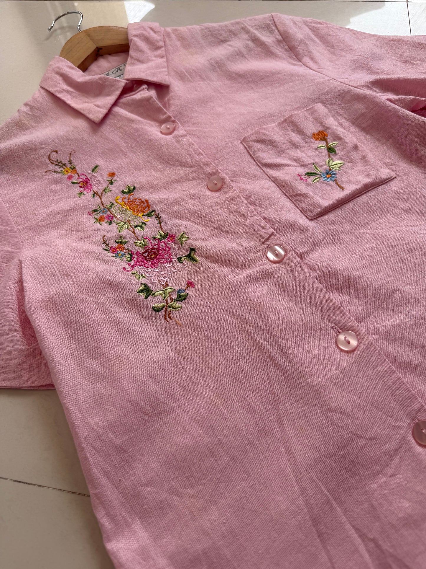 Pink Embroidered Floral Shirt