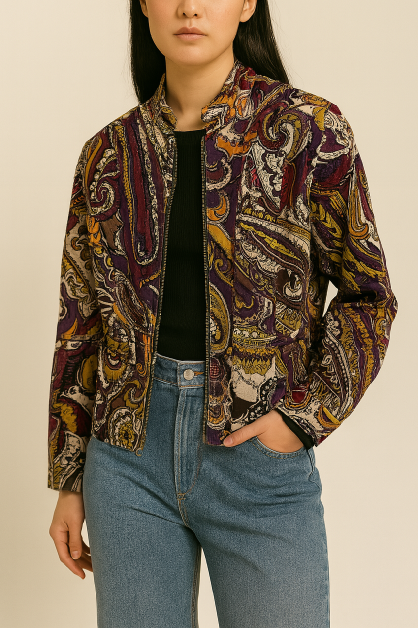Woman wearing a patterned jacket and blue jeans on a beige background