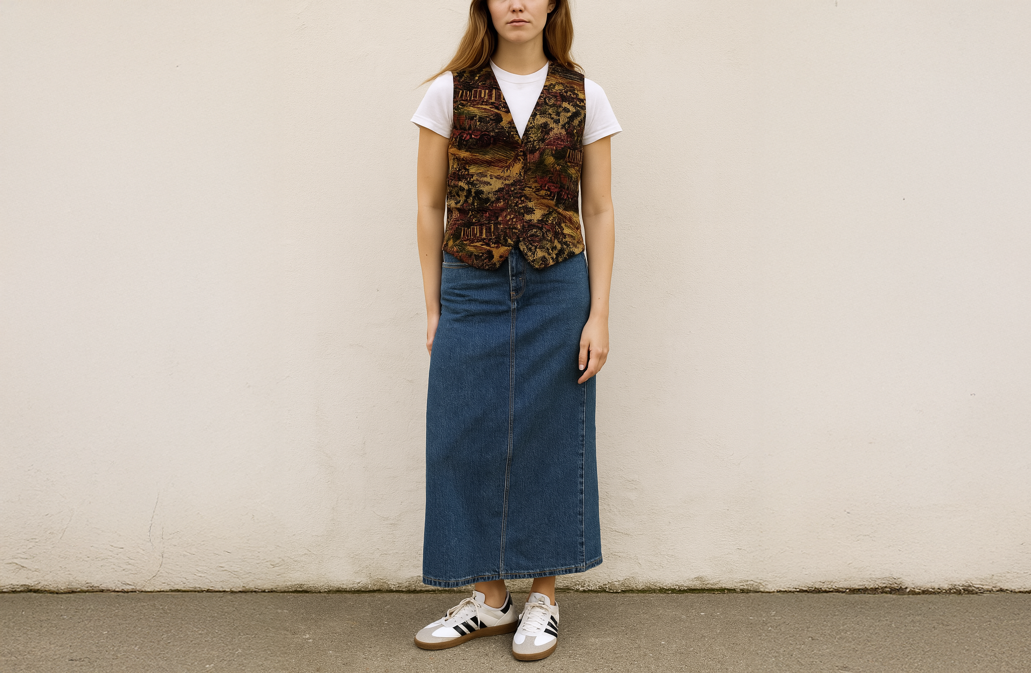Person wearing a patterned vest, white shirt, blue denim skirt, and Adidas shoes against a plain background