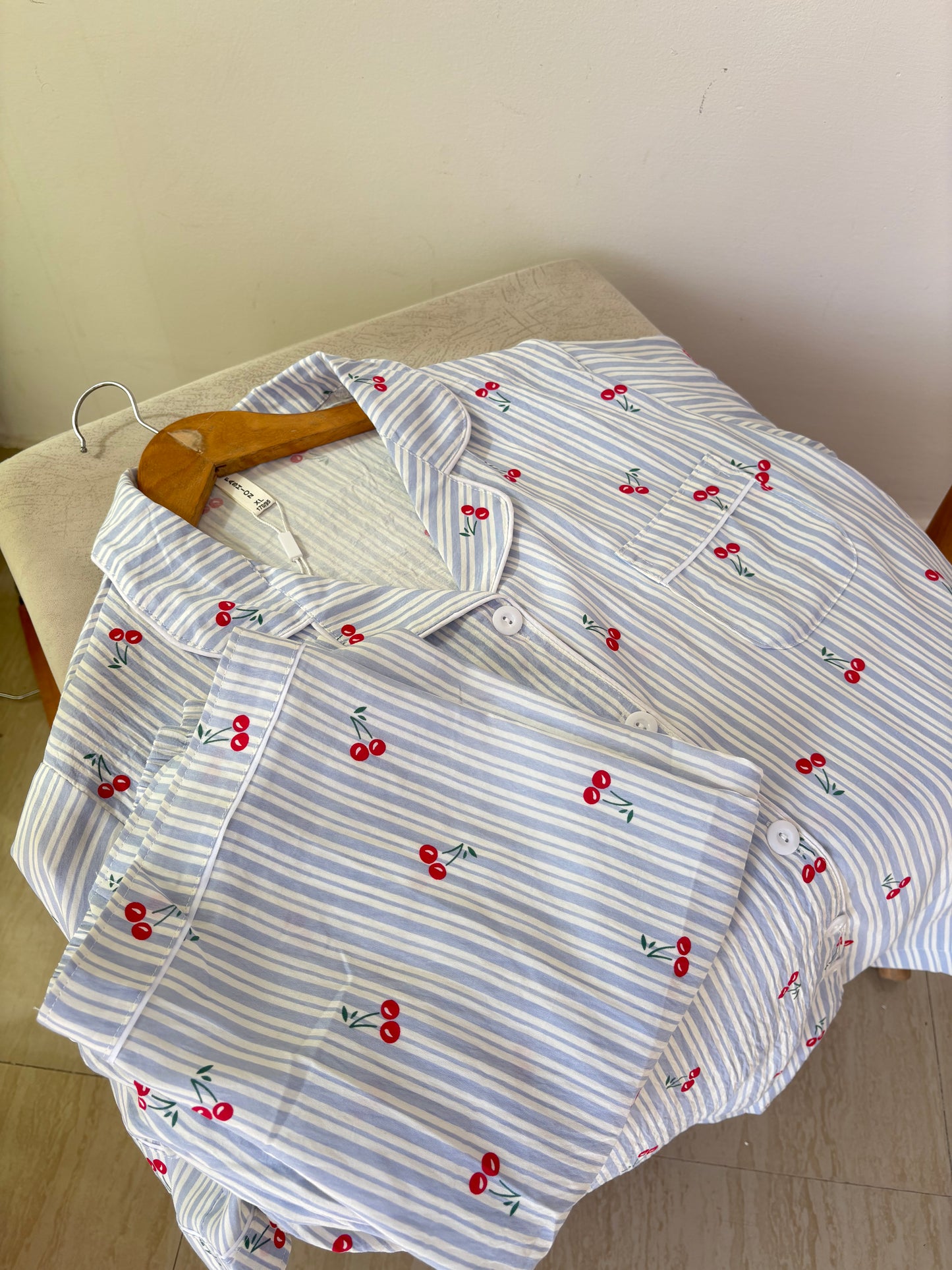 Blue cherry pinstripe nightsuit