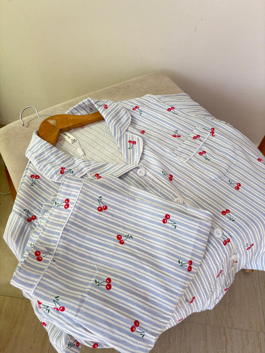 Blue cherry pinstripe nightsuit