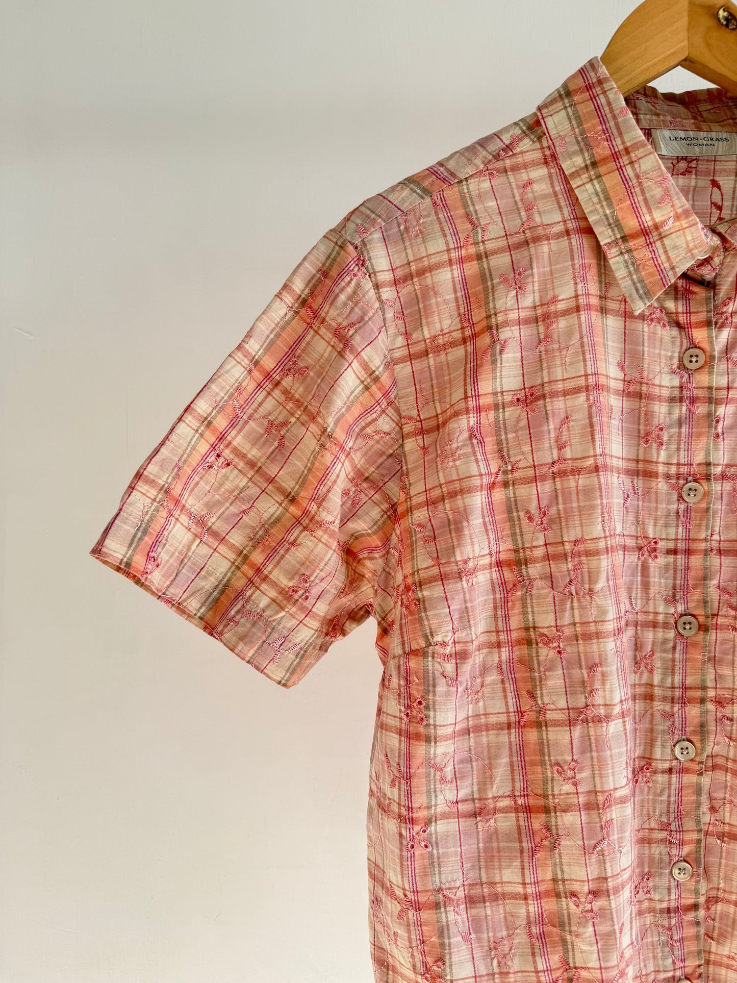 Peach Embroidered Checkered Shirt