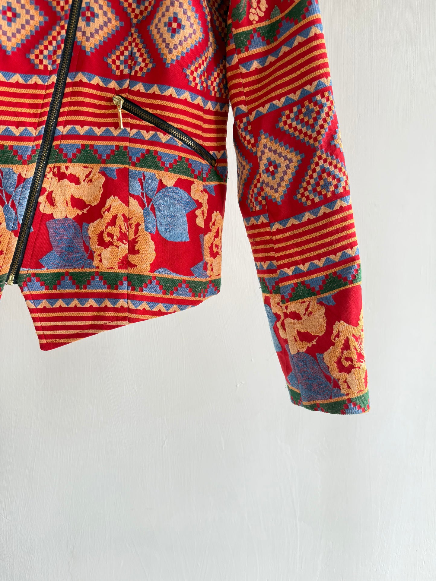 Red Embroidered Zipper Jacket