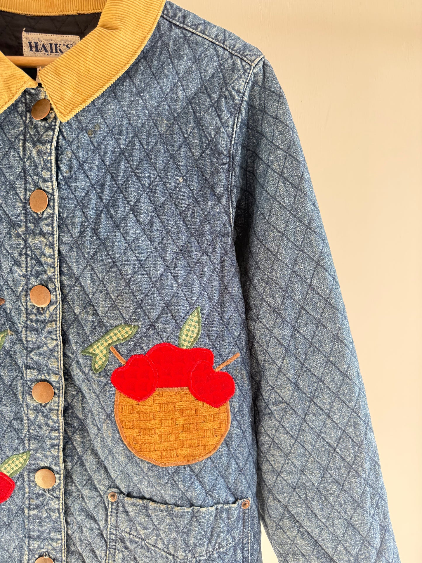 Quilted Denim Jacket with Apple Embroidery